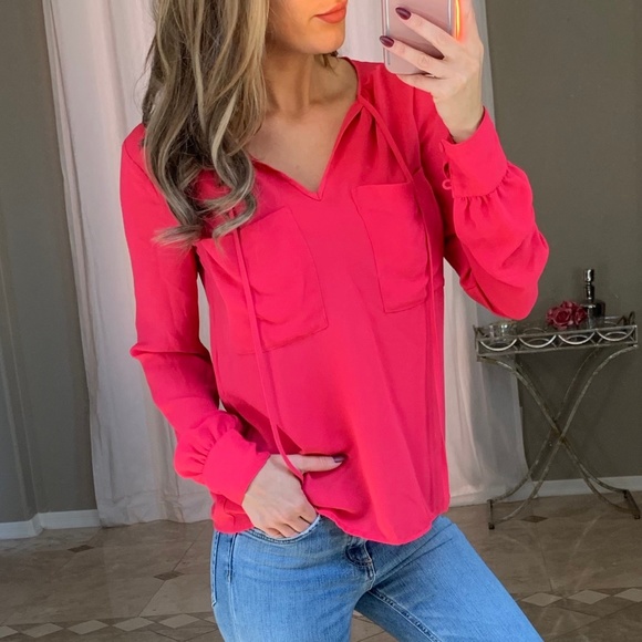 BCBGMaxAzria Tops - BCBGMaxAzria Bright Neon Coral Pocket Tie Blouse